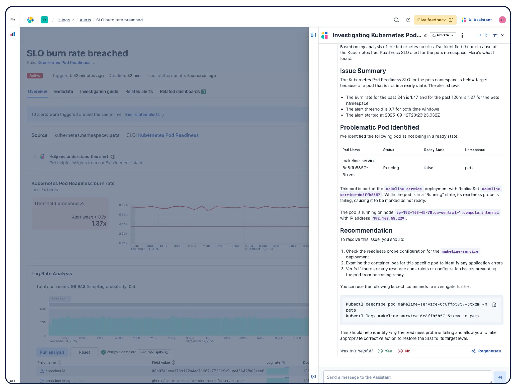 The Elastic AI Assistant for Observability helps you spot infrastructure anomalies, interpret system events, and troubleshoot issues.