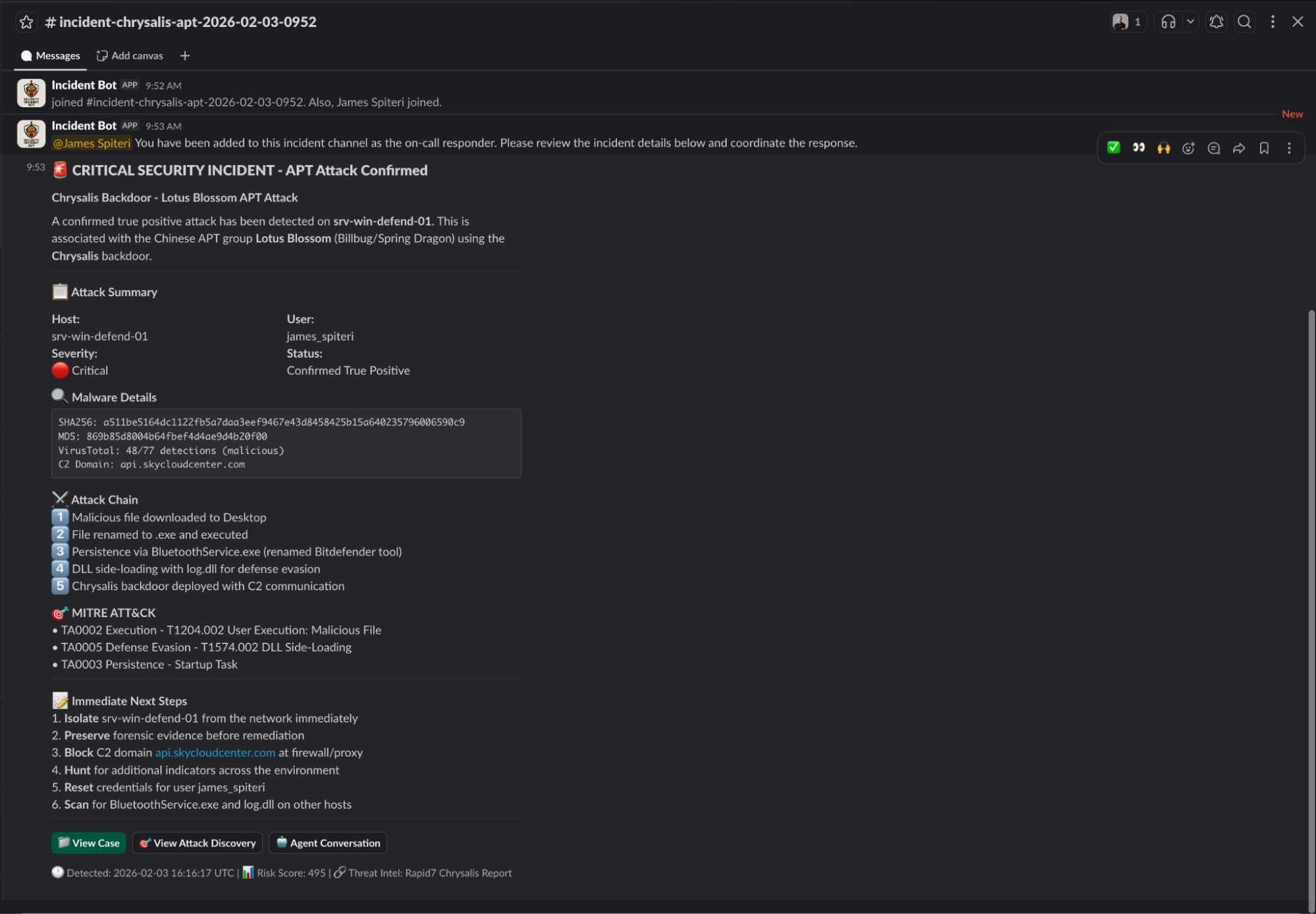 Shows the actual Slack channel with the Incident Bot  posting the full attack summary, malware details, attack chain, MITRE ATT&CK mapping, and immediate next steps.
