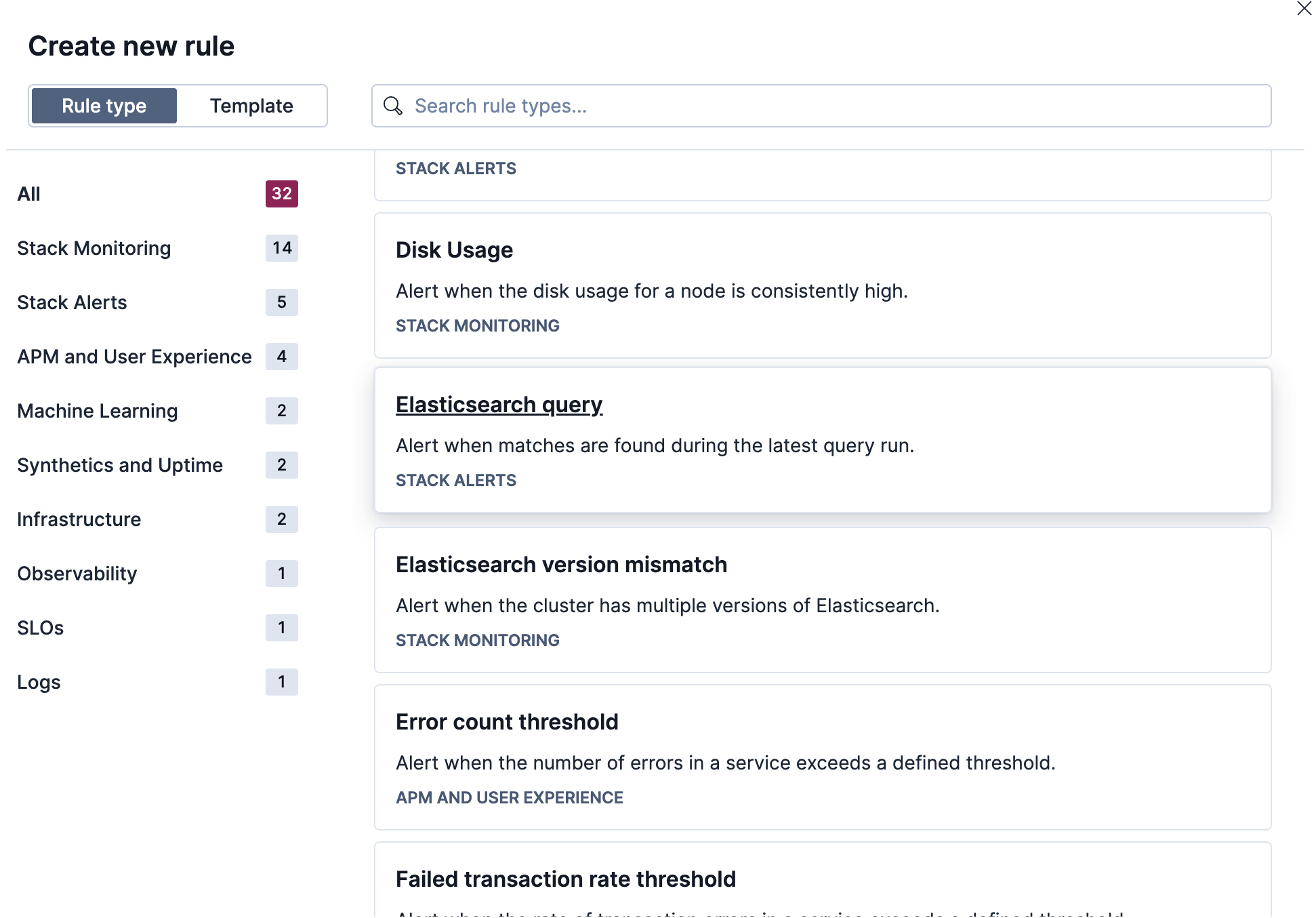 Create new rule menu in Kibana with the Elasticsearch query rule type selected