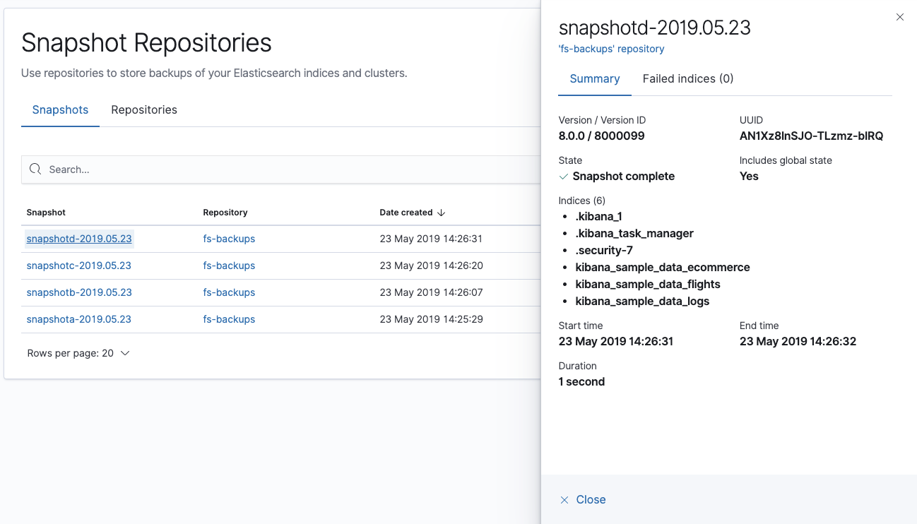 Snapshots tab in Snapshot Repositories