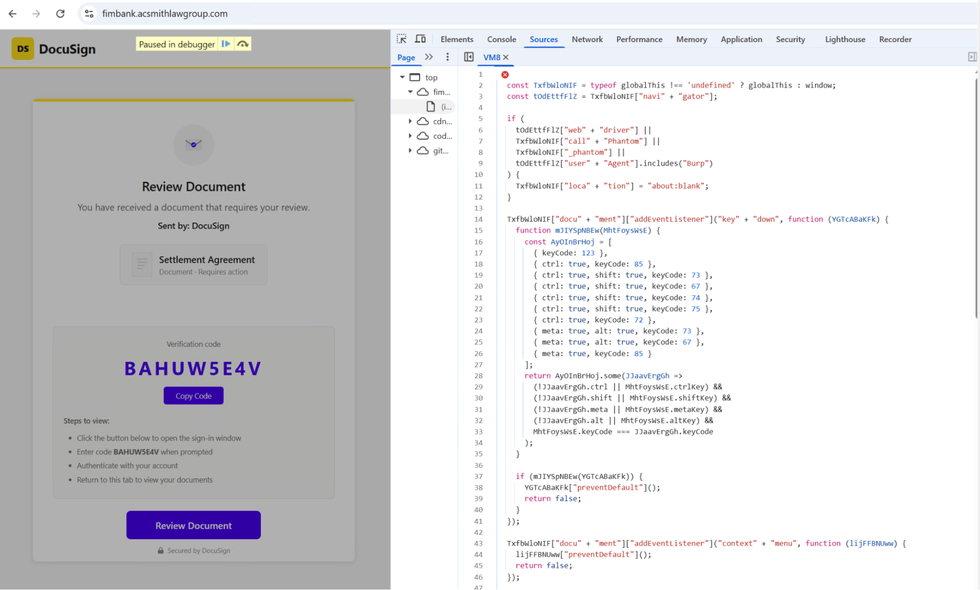 Example of initial evasion checks (DevTools, right-click, browser check)