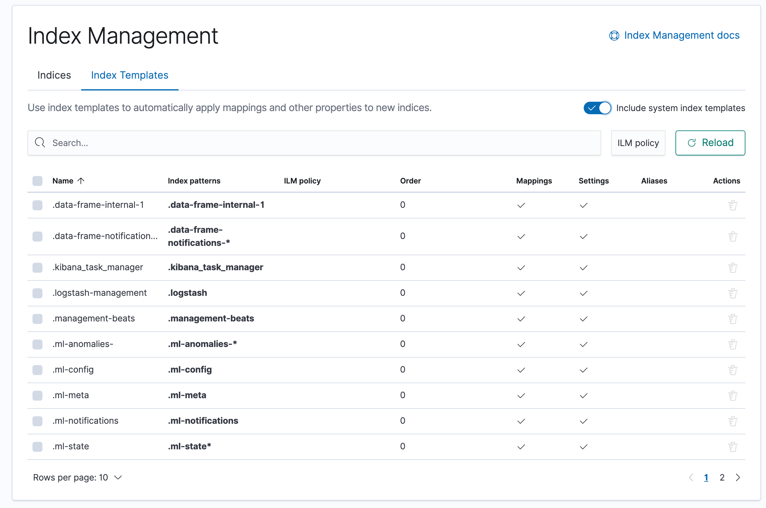 Index Templates List View