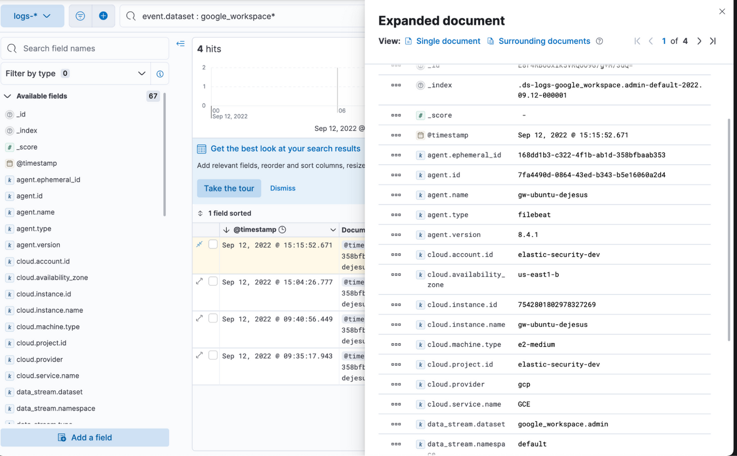 Google Workspace ECS documents search in Discover in Elastic Stack