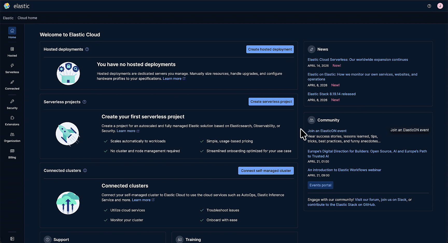 Animated tour of the Elastic Cloud home dashboard in dark mode. It follows steps from beginning a project, confirming project settings, launching the project, confirming that it's ready, and opening it.