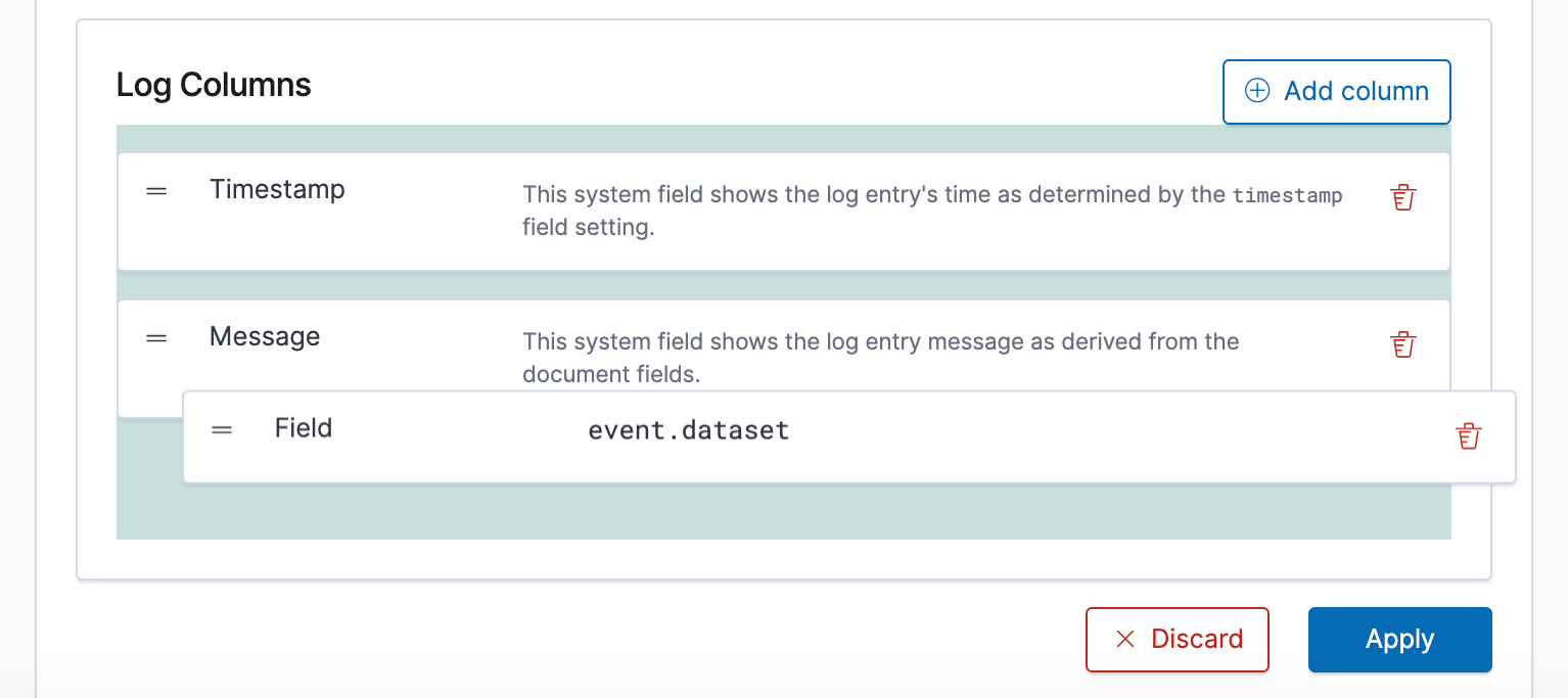 Drag and drop column configuration in Elastic Logs 7.4.0