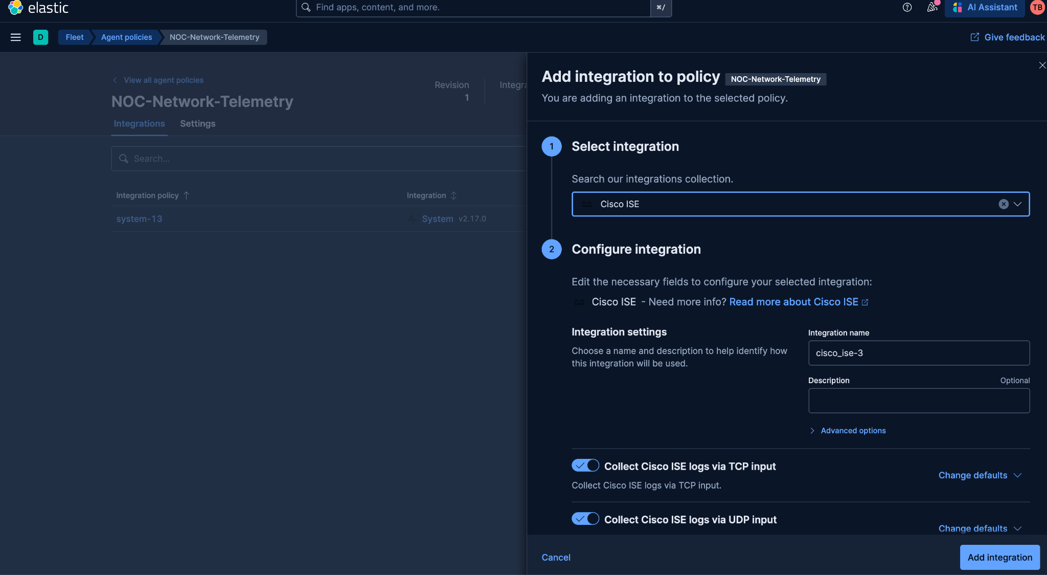 Cisco ISE integration settings added to the Elastic Agent policy in Fleet
