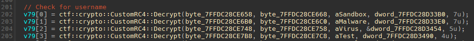 TELEPUZ sandbox detection code comparing username against hardcoded malware research identifiers using CustomRC4 decryption
