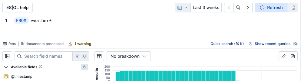 Quick search bar in the ES|QL editor Quick search bar in the ES|QL editor