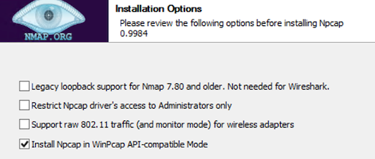 Npcap installation options screenshot