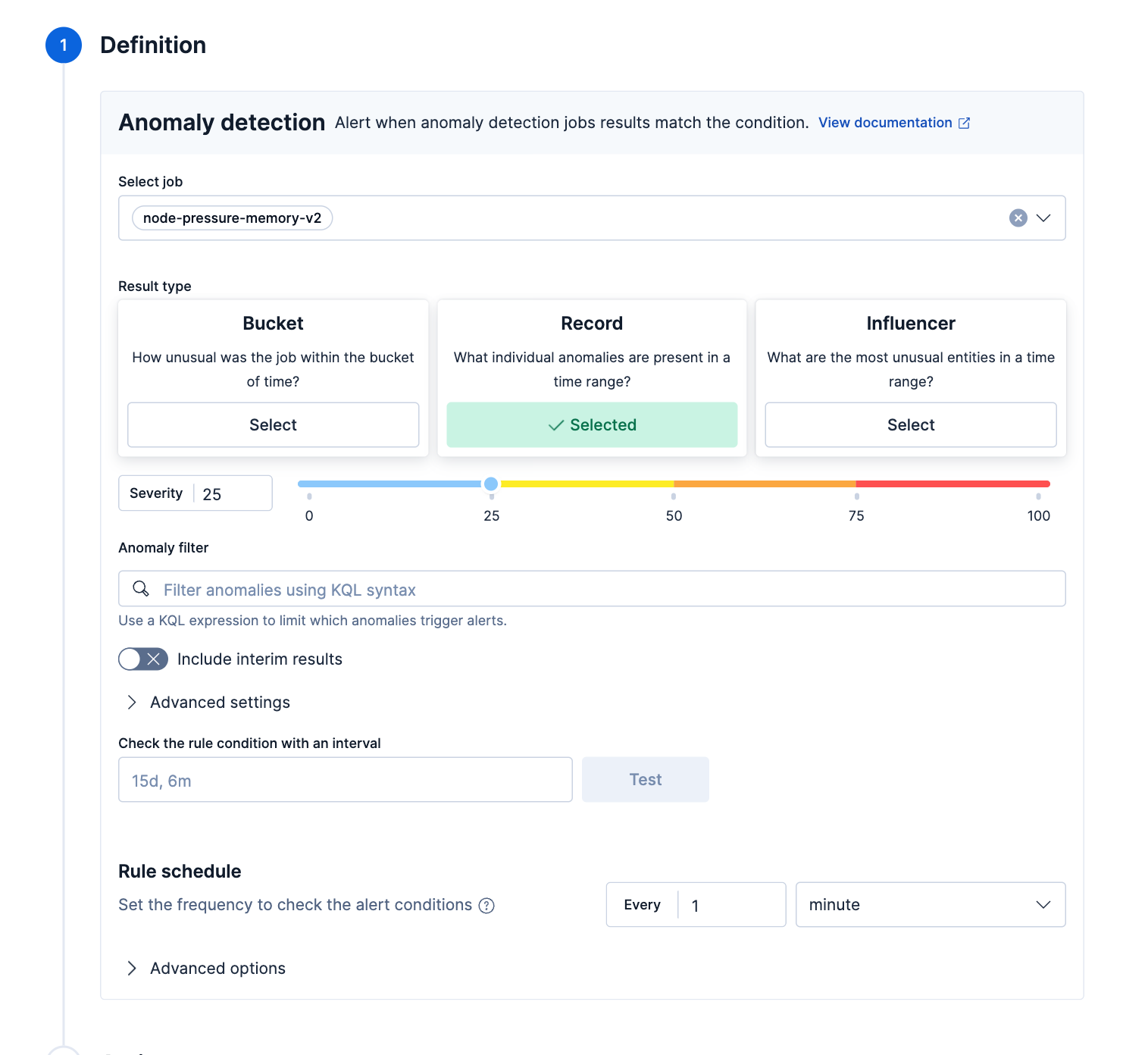 Elastic anomaly detection rule setup with Record result type and severity threshold 25 for node memory alerts