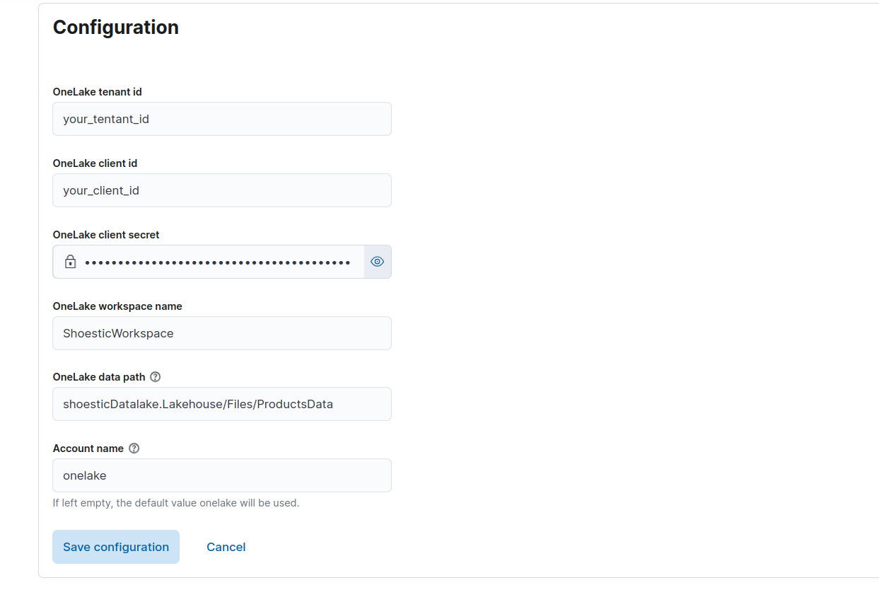 Connector onfiguration using OneLake credentials