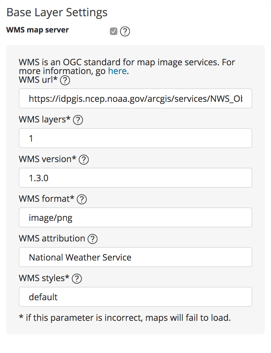 WMS server settings for Base Reflectivity Radar service: WMS Layers=1, WMS version=1.3.0, WMS format=image/png, WMS attribution=National Weather Service, WMS styles=default