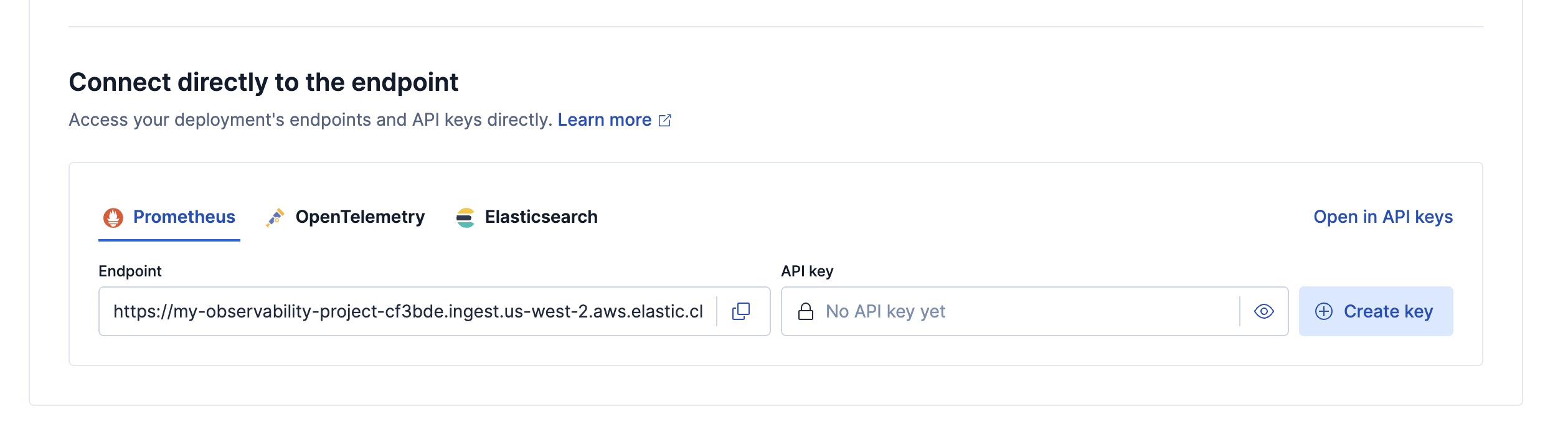 The "Connect directly to the endpoint" panel with the Prometheus tab selected