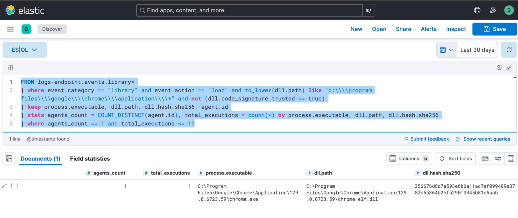 ES|QL query results for malicious DLL loaded by Chrome