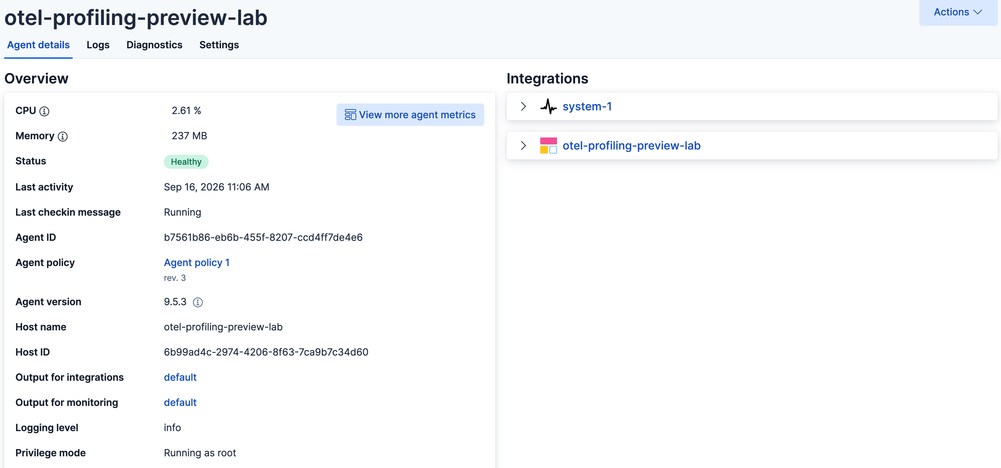 Fleet agent details showing Elastic Agent 9.5.3 Healthy with the OpenTelemetry Profiling integration attached