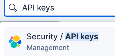 Searching for API Keys in Kibana to generate an Elasticsearch API key for the GitHub Copilot CLI plugin configuration
