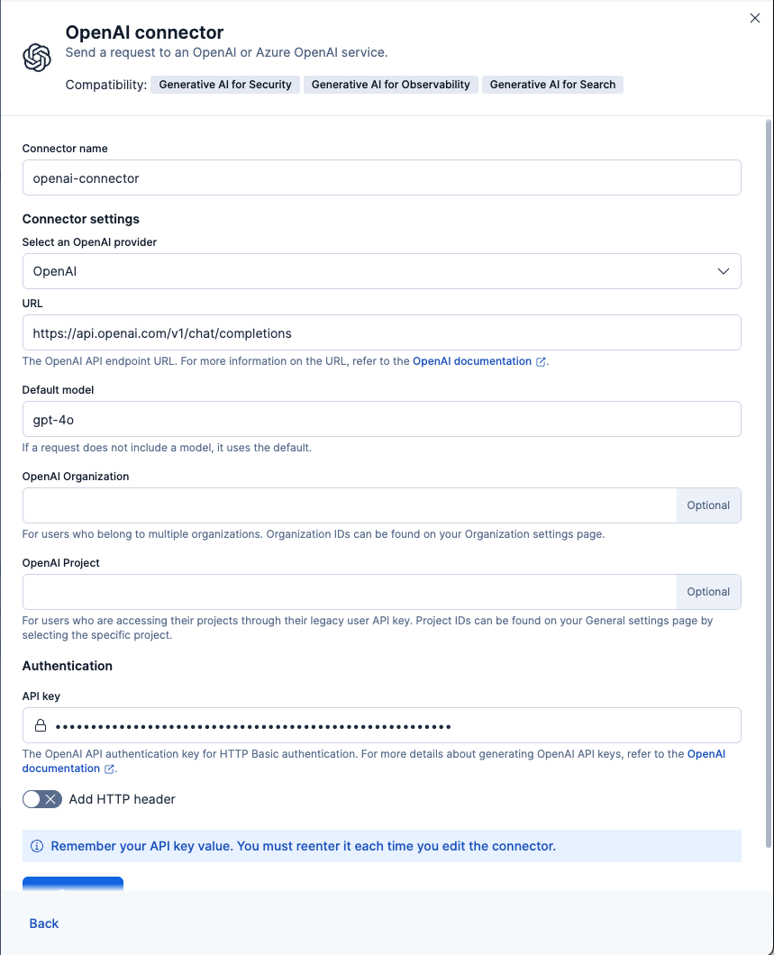 Required information to create an OpenAI connector.