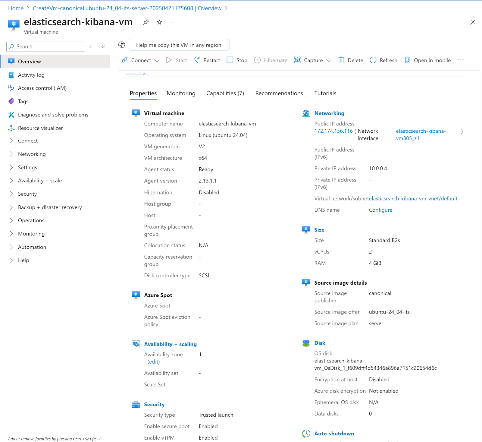 Connect to an iinstance by SSH to the public IP address or directly from the Azure UI.