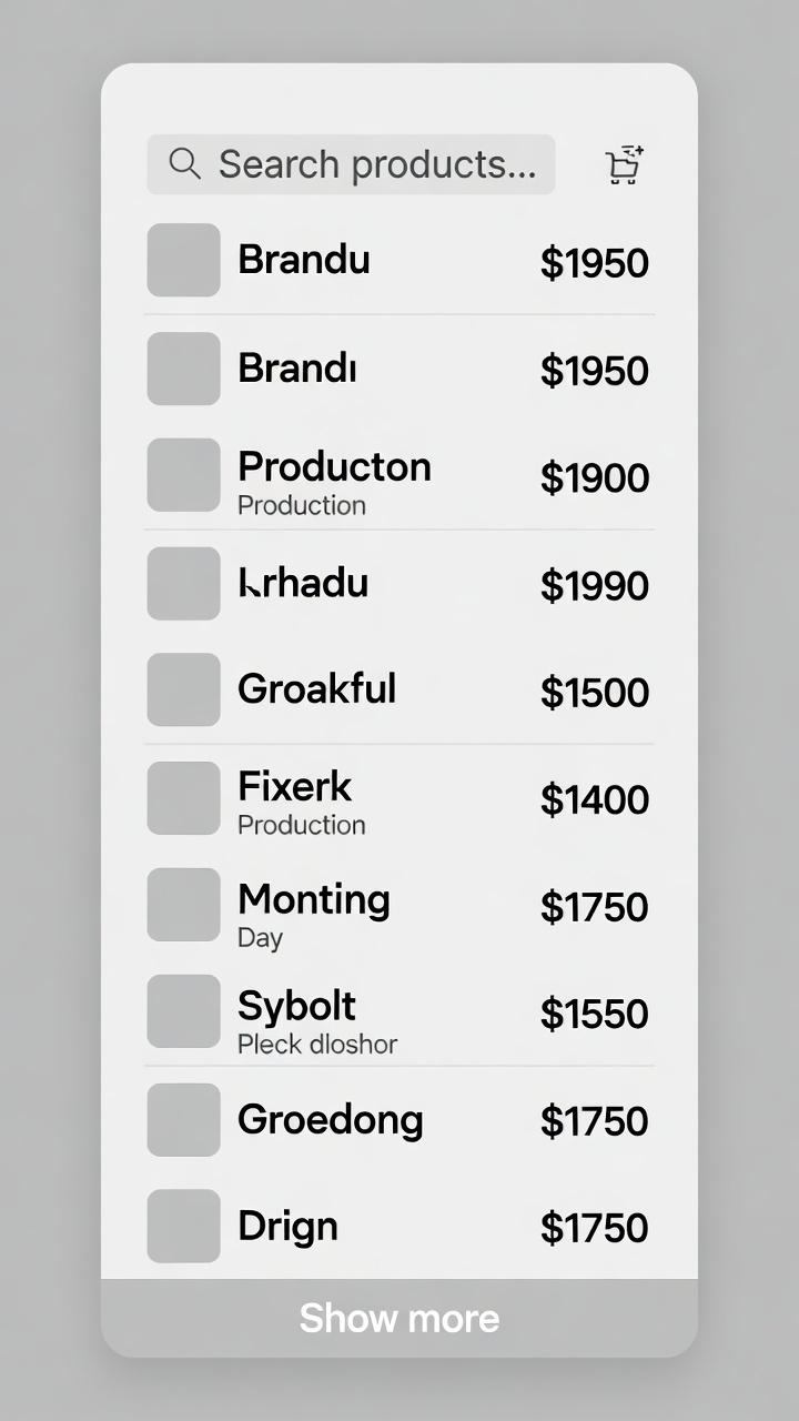 Vertical interface showing a product list with a search bar labeled “Search products…” and a cart icon. Each entry includes a square placeholder, product name, optional category text, and price. Items listed include prices from $1400 to $1990. A “Show more” button appears at the bottom.