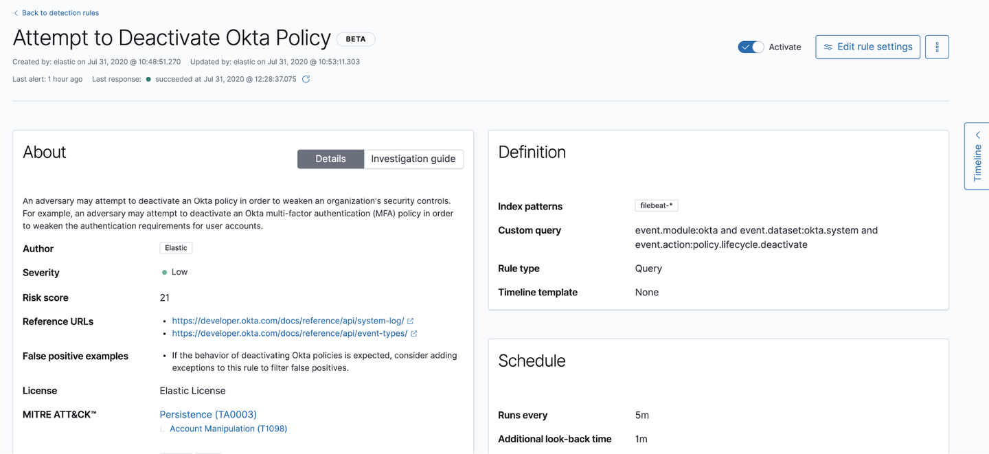 Figure 13 - Viewing a rule's information and settings