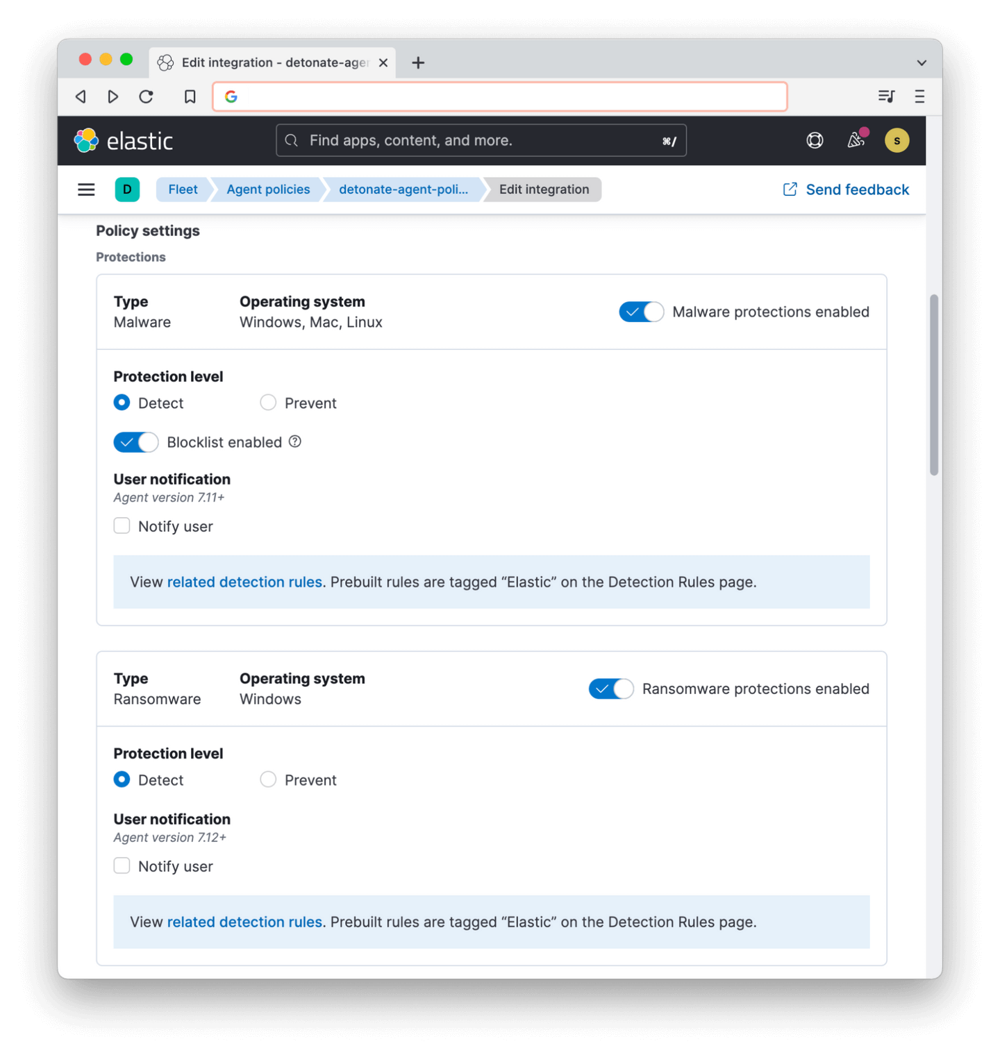The policy settings in Elastic Defend integration for Detonate.