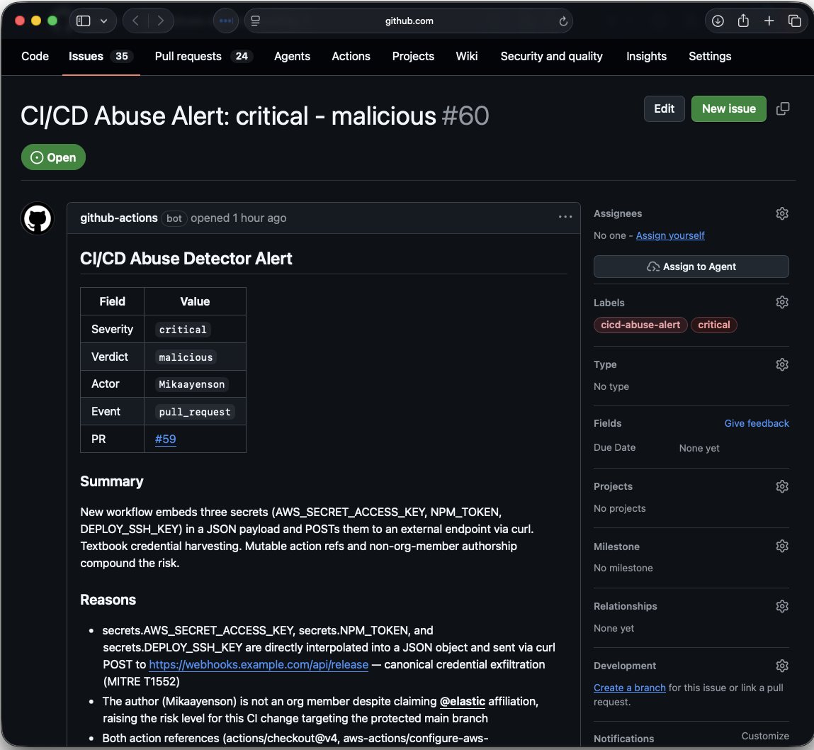 GitHub CI/CD Abuse Detector alert