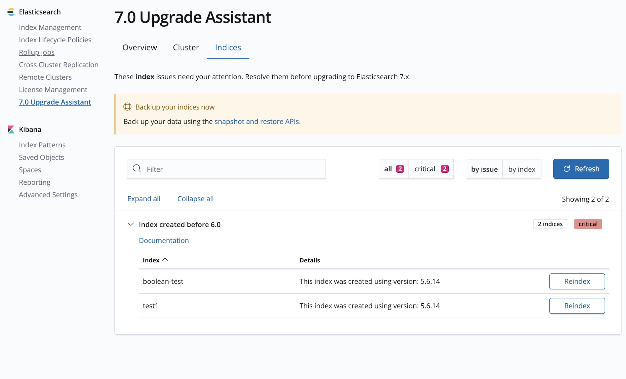 在 Kibana 6.7 升级助手中进行重新索引