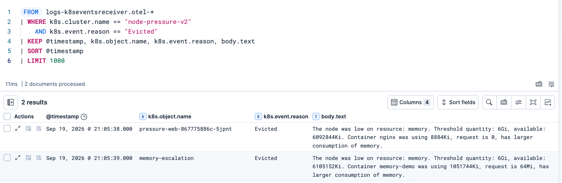 ES|QL query returning two Kubernetes pod eviction events after the node crossed its memory threshold