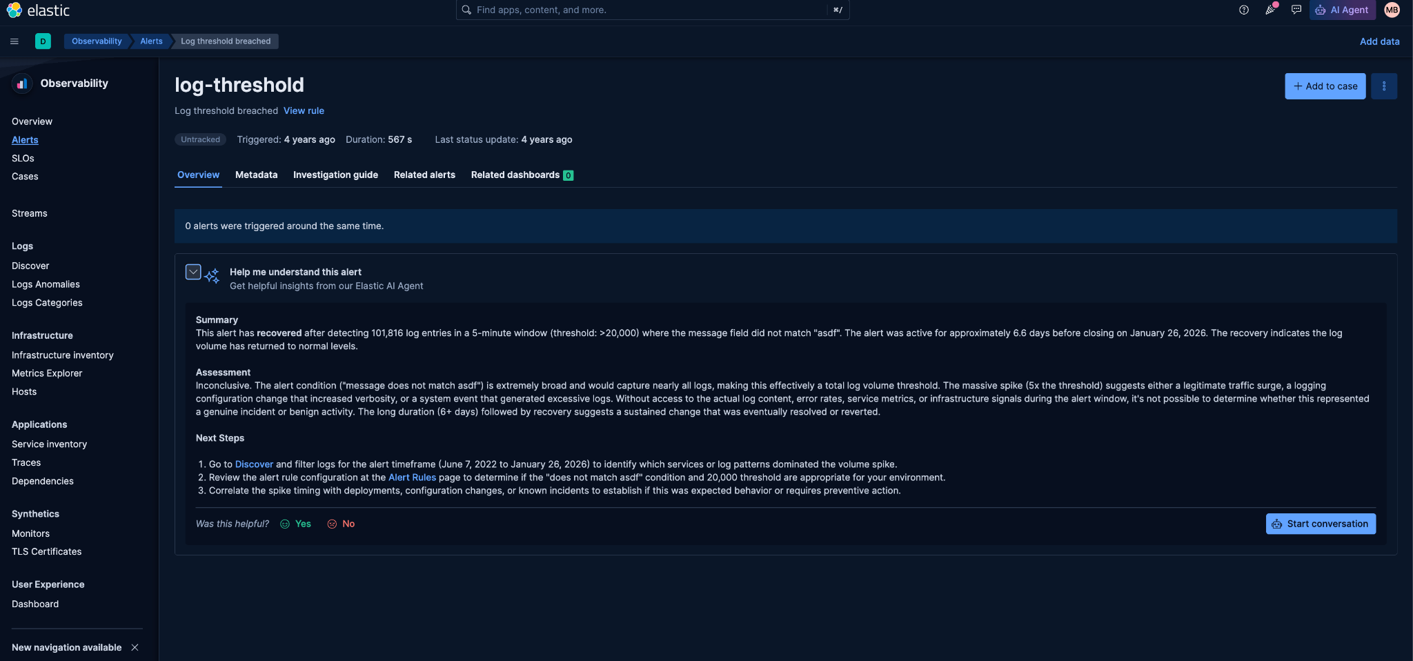 Elastic AI Assistant alert analysis with root causes and investigation guidance