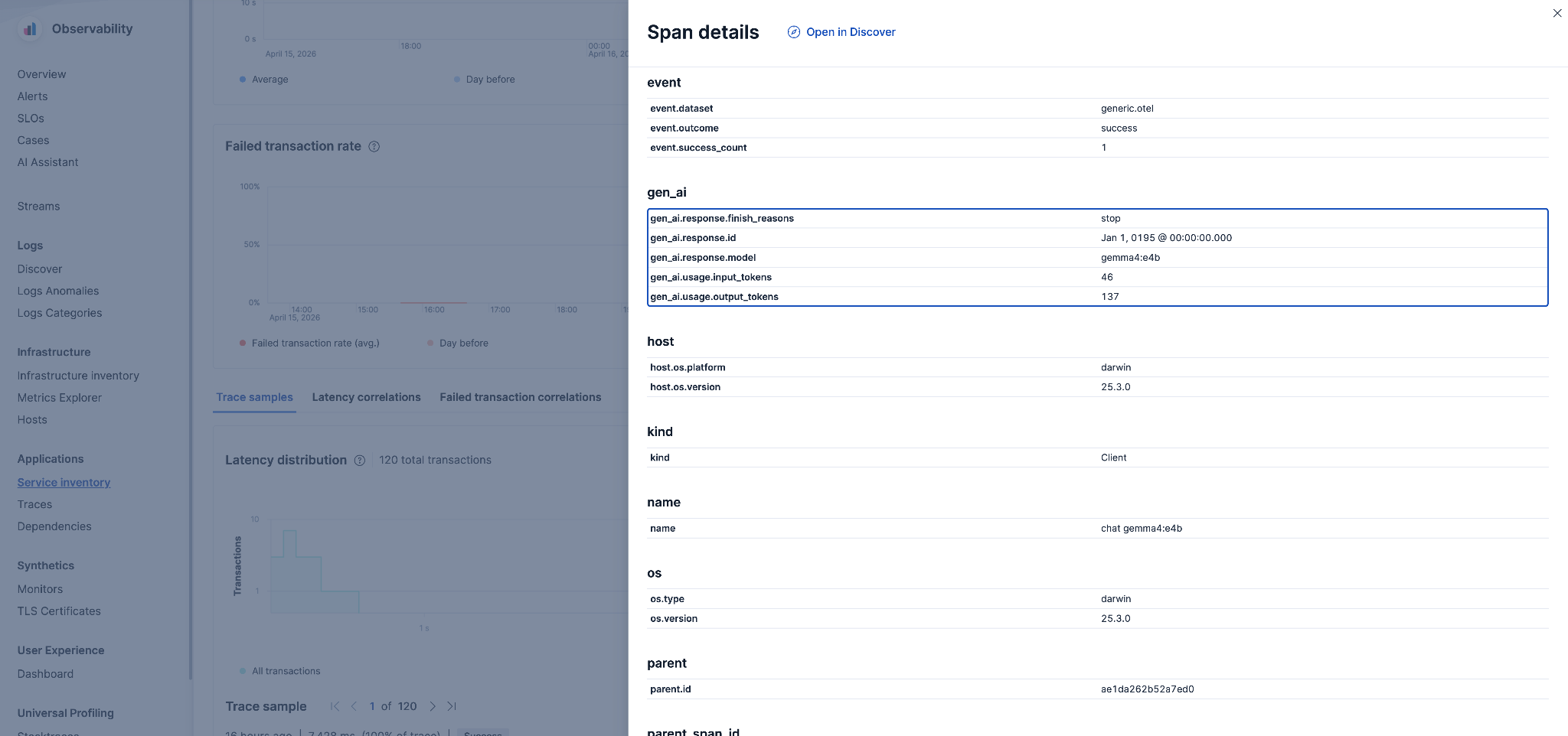 Kibana APM trace view showing a chat span with gen_ai.* attributes captured automatically by EDOT.