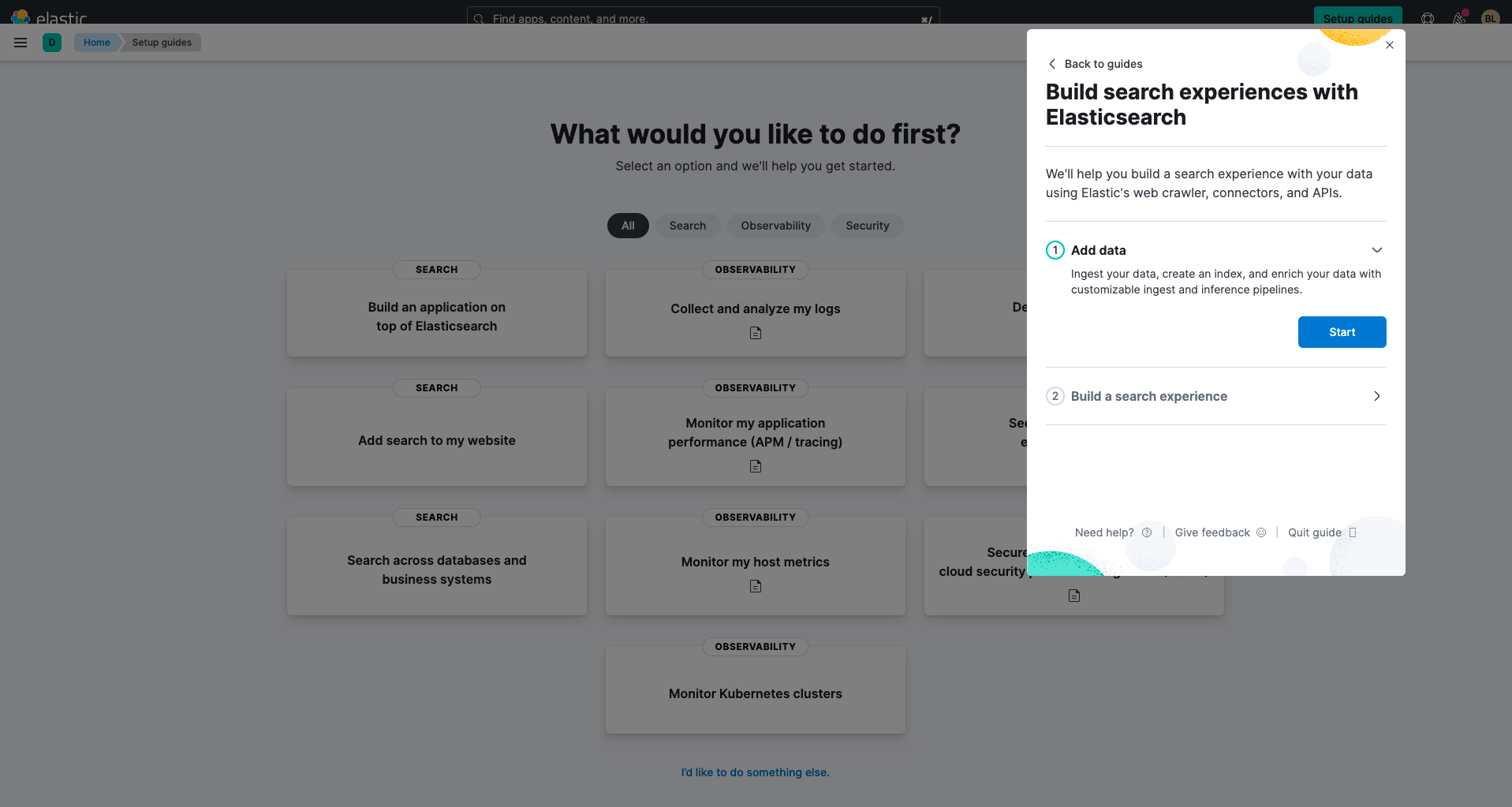 Screenshot of Elastic Enterprise Search and option to search across databases and business systems