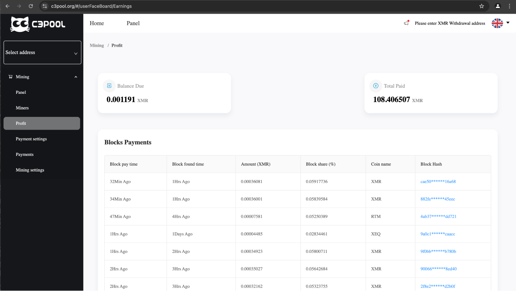 C3pool mining revenue