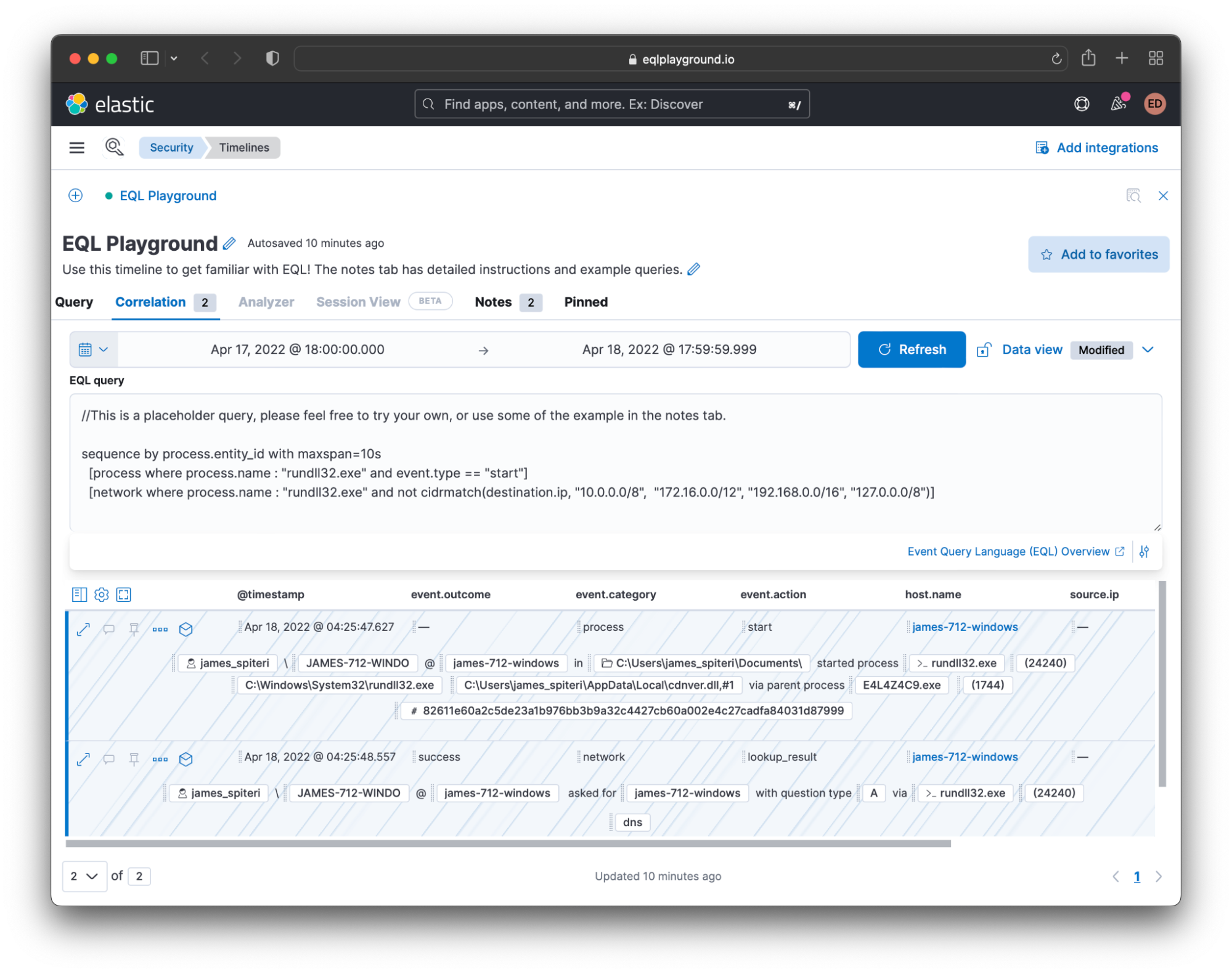 Security app Timeline correlation interface