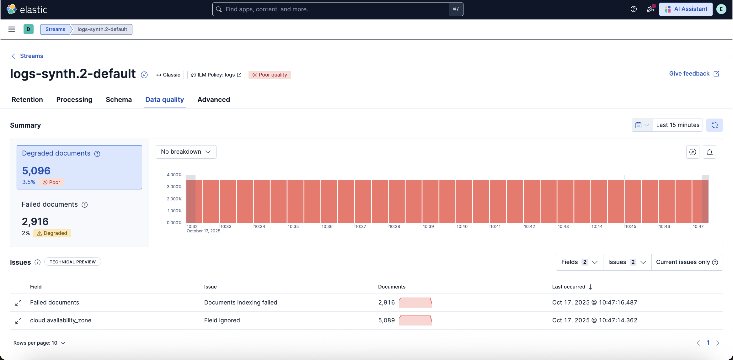 Data quality tab