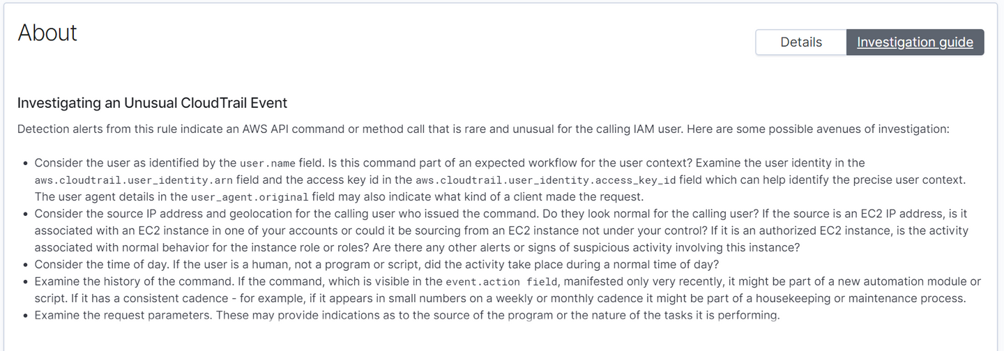 Figure 7 - Viewing the investigation notes for an unusual CloudTrail event