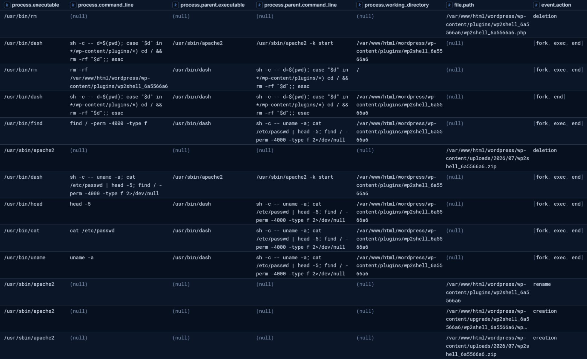 wp2shell full process and file event overview from lab execution