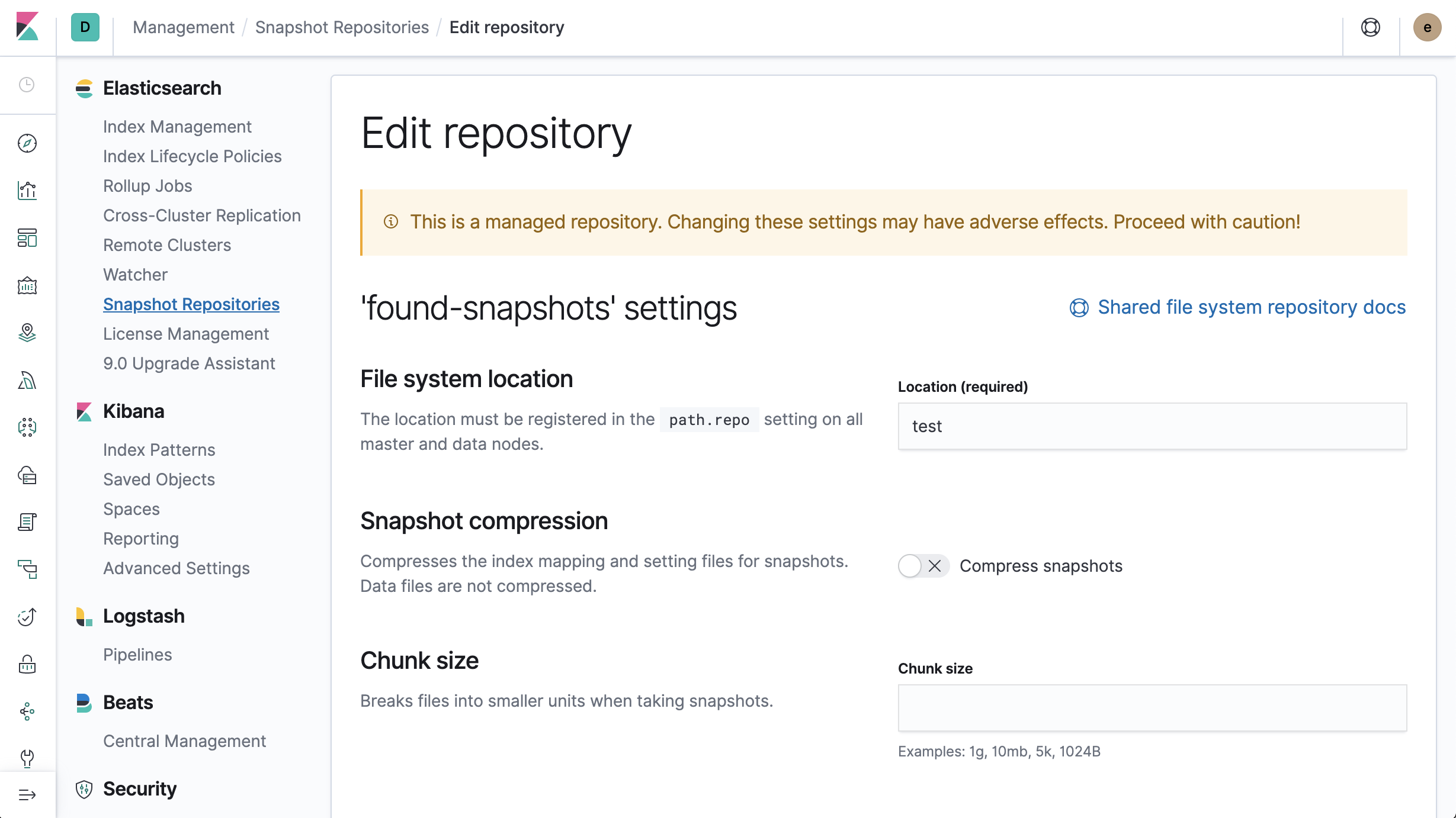 cloud snapshot repositories UI warning