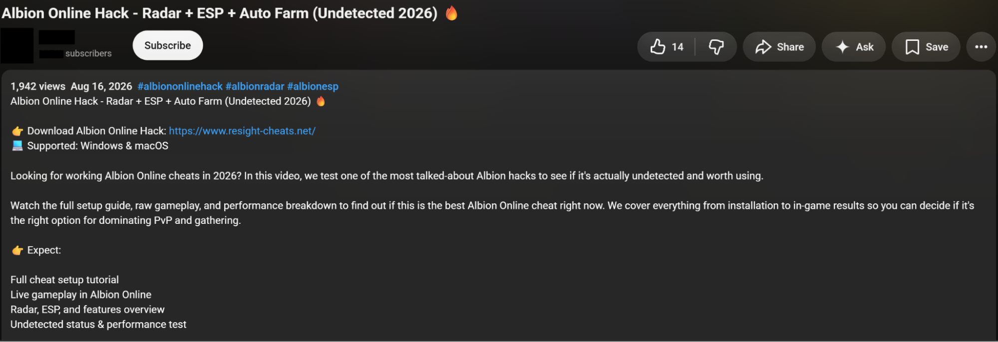 REVSTEALER download link in a YouTube video description advertising a free Albion Online game cheat