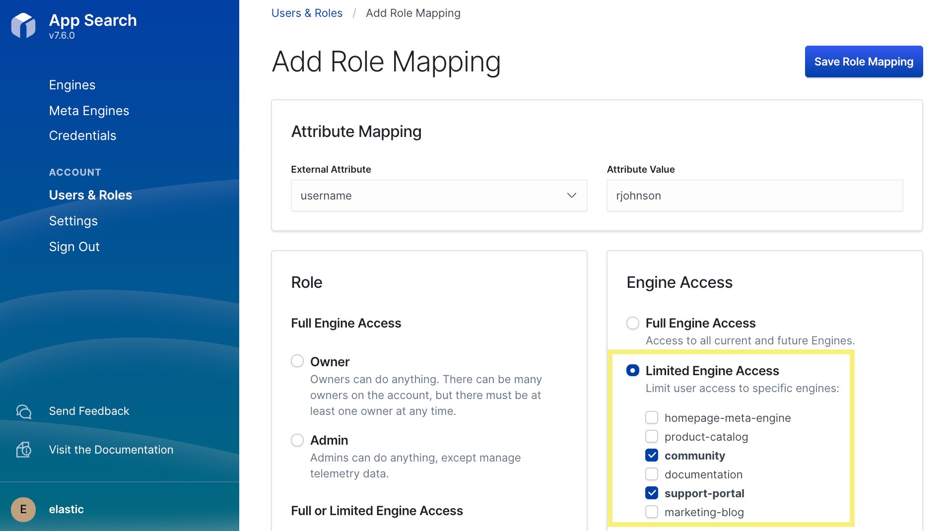 Specifying role mapping for engines