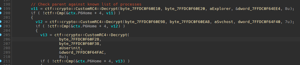 TELEPUZ parent process verification against known runner processes using CustomRC4 string decryption