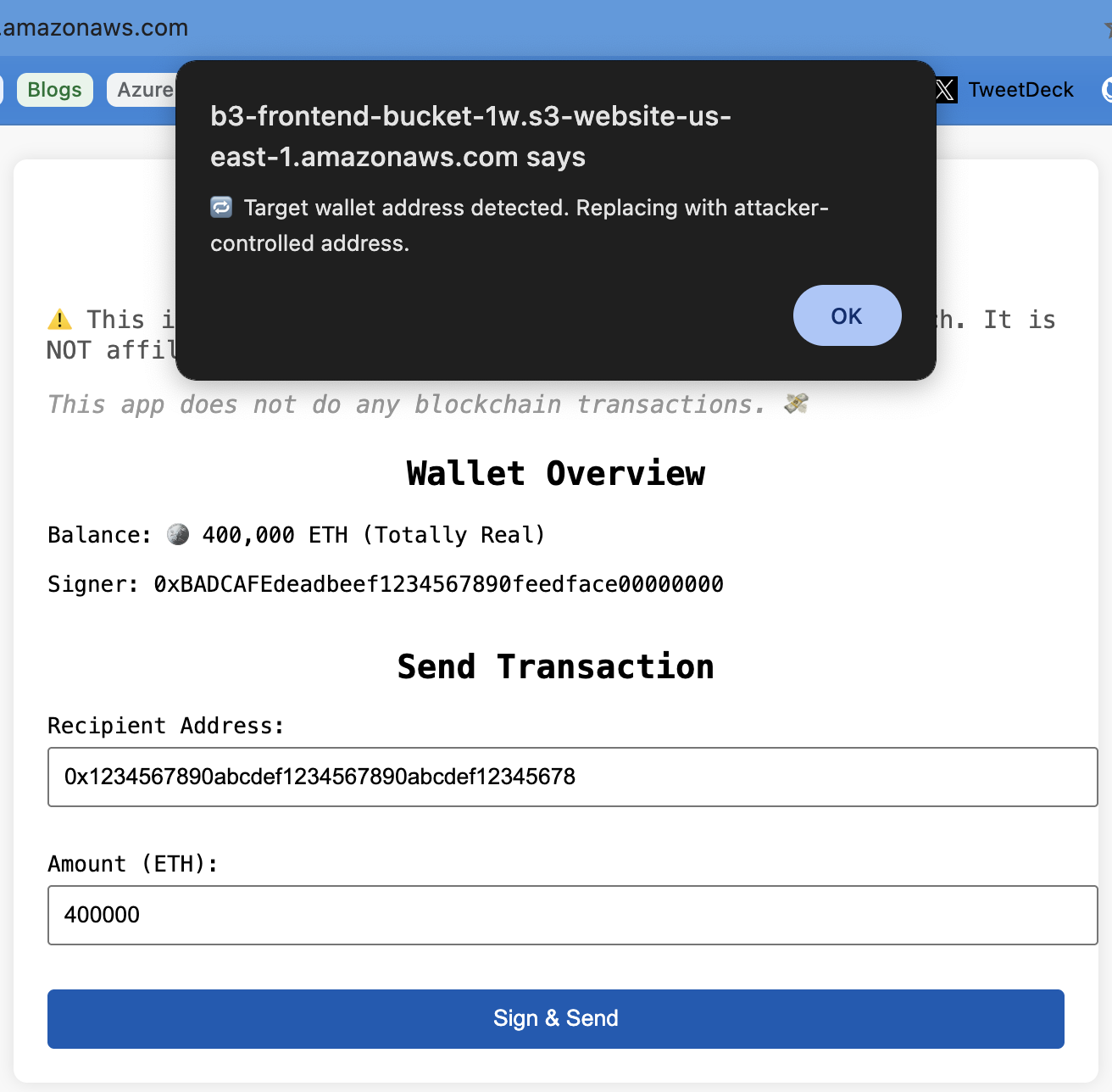 Our static site frontend script pop-up notifying the target wallet address condition was met after malicious code upload