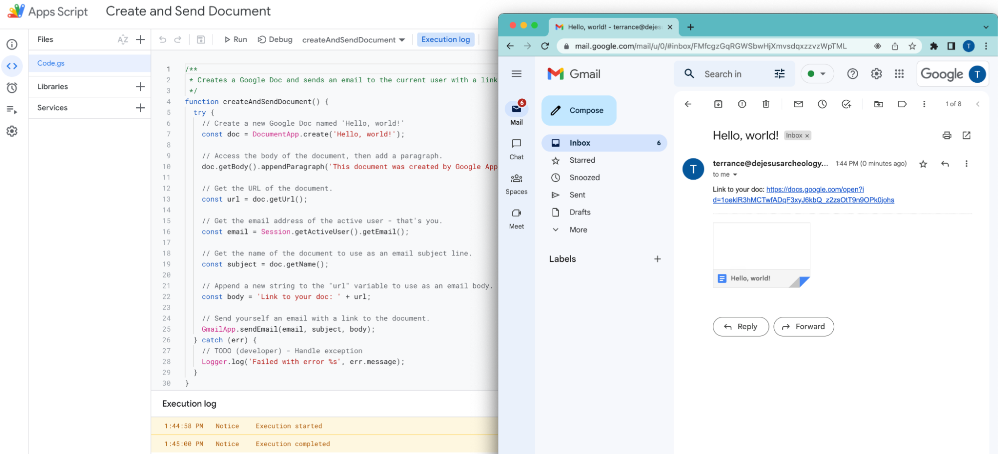 Apps Script code written to create a Google doc and email it to myself