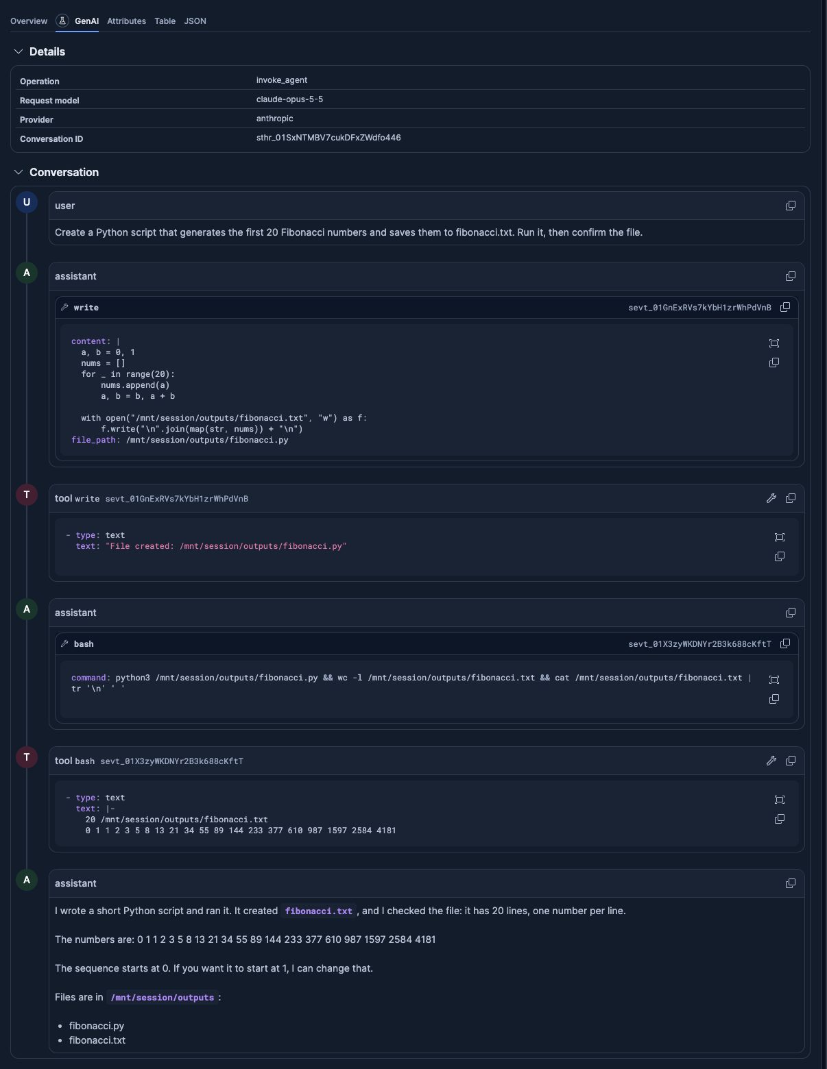 GenAI tab for a claude-platform span, showing the operation, the model, and the conversation