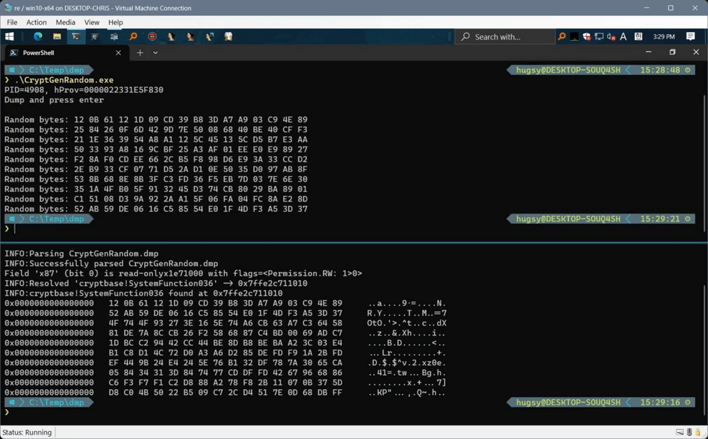 Execution of cryptbase!SystemFunction036 on single core VM: different outputs